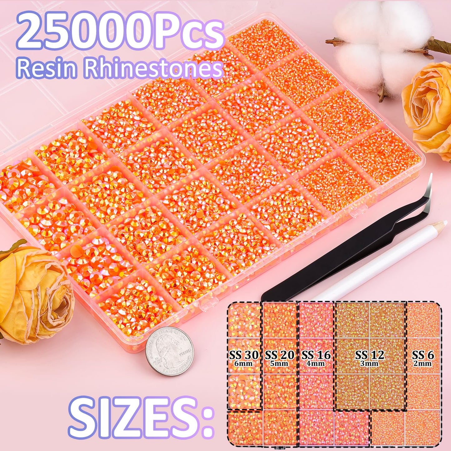 25000Pcs Resin Rhinestones with Tweezers for Crafting, Orange AB 2-6mm Mixed Sizes Non Hotfix Flatback Gems, Bedazzling Crystal for DIY Craft Clothing Mugs Tumblers Shoes Fabric Decor Nail Art
