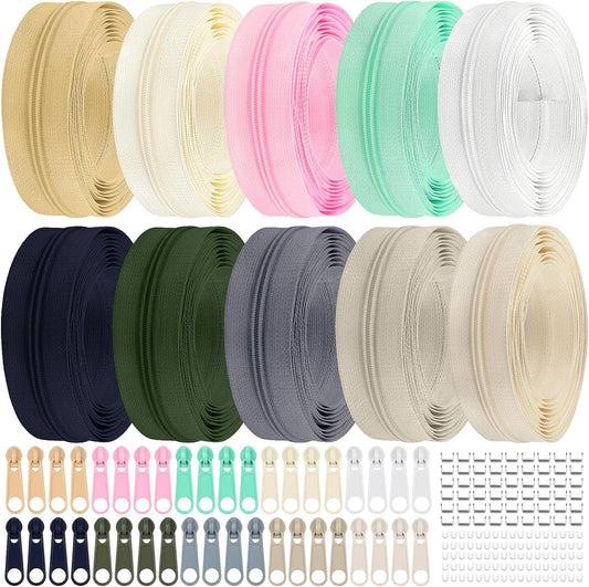 DOITEM 31 Yards 10 Pcs Sewing Zippers #3 Nylon Coil Zippers Assorted Zipper for Sewing with 40 Zipper Sliders for DIY Tailor Sewing Crafts Supplies, 10 Colors