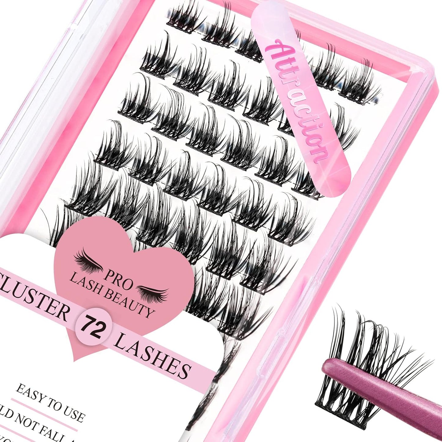 Cluster Lashes 72 Pcs Lash Clusters DIY Eyelash Extension Individual Lashes D-16mm Thin Band Easy to Apply at home Lashes (Attraction, D-16mm)