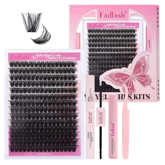 FADLASH Lash Extension DIY Kit Lash Clusters D Curl Cluster Lashes with Lash Bond and Seal Cluster Lashes Glue Remover Lash Tweezers for DIY Eyelash Extension at Home（Kit 100D-0.07D-12-18MIX）, black