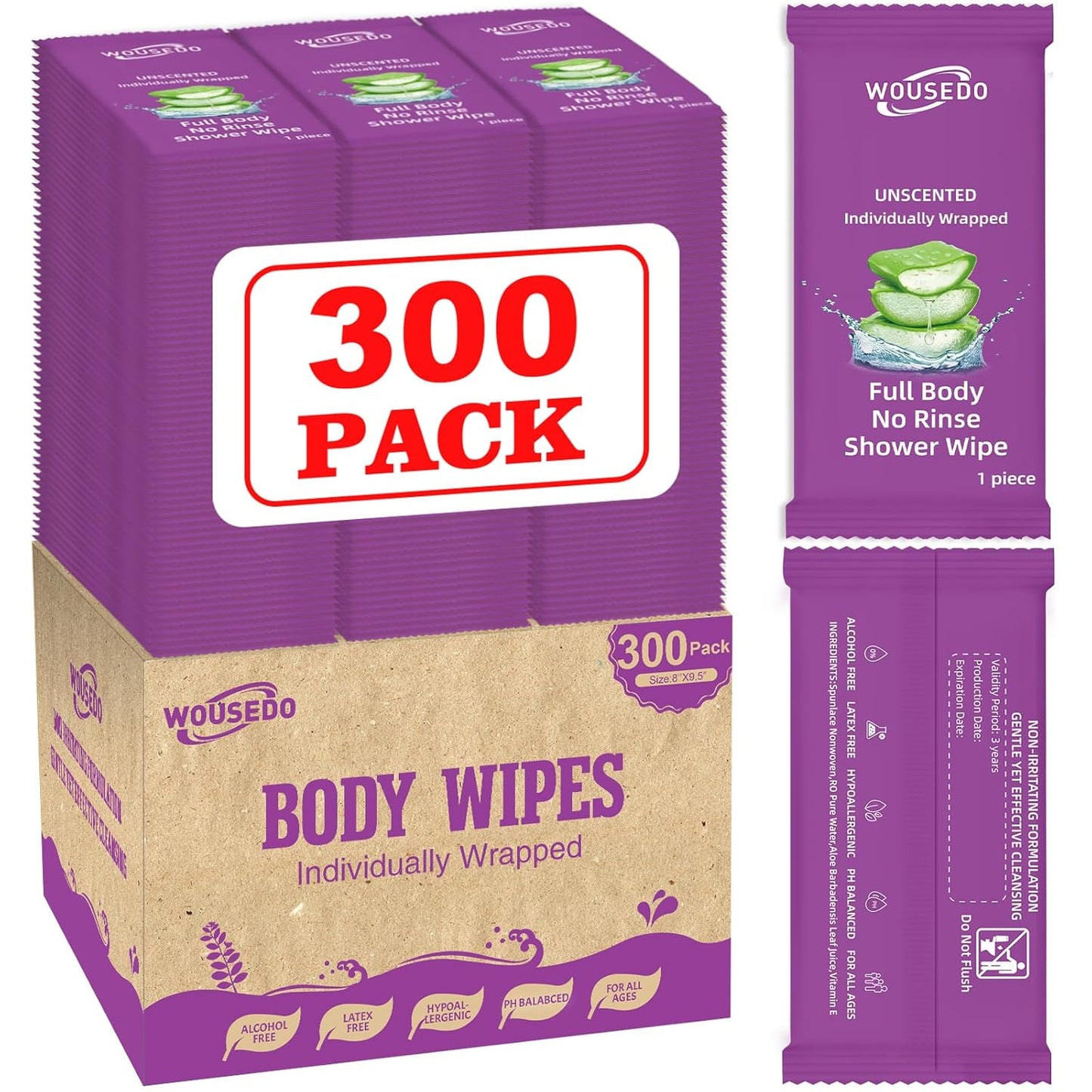300 Pcs Body Wipes Individually Wrapped(8" x 9.5"),Shower Wipes for Adults Bathing No Rinse,Personal Cleansing Wipes for Travel Gym,Bulk Deodorant for Homeless
