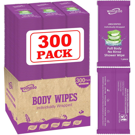 300 Pcs Body Wipes Individually Wrapped(8" x 9.5"),Shower Wipes for Adults Bathing No Rinse,Personal Cleansing Wipes for Travel Gym,Bulk Deodorant for Homeless