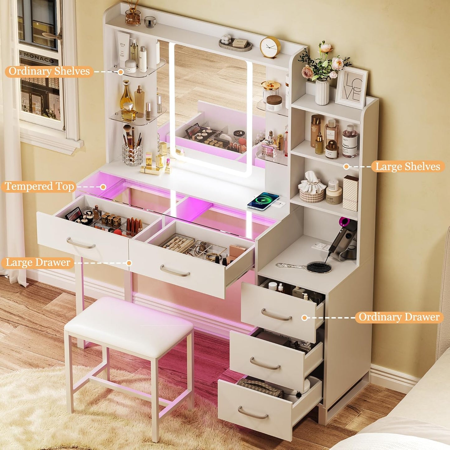 Vanity Desk with Mirror and LED Lights, 43" Makeup Vanity with Glass Top & Wireless Charging, Vanity with RGB Drawers, 3 Colors Light, Power Outlet Safety Switch for Bedroom, White