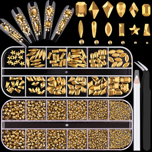 3220Pcs Mineral Gold Glass Nail Rhinestones 120Pcs Multi Shapes Flatback Gems Crystal + 3100Pcs 1.5-4mm Round Beads, Manicure Diomand Jewelry Gemstones for Nail Design Makeup Acrylic Nails Decoration
