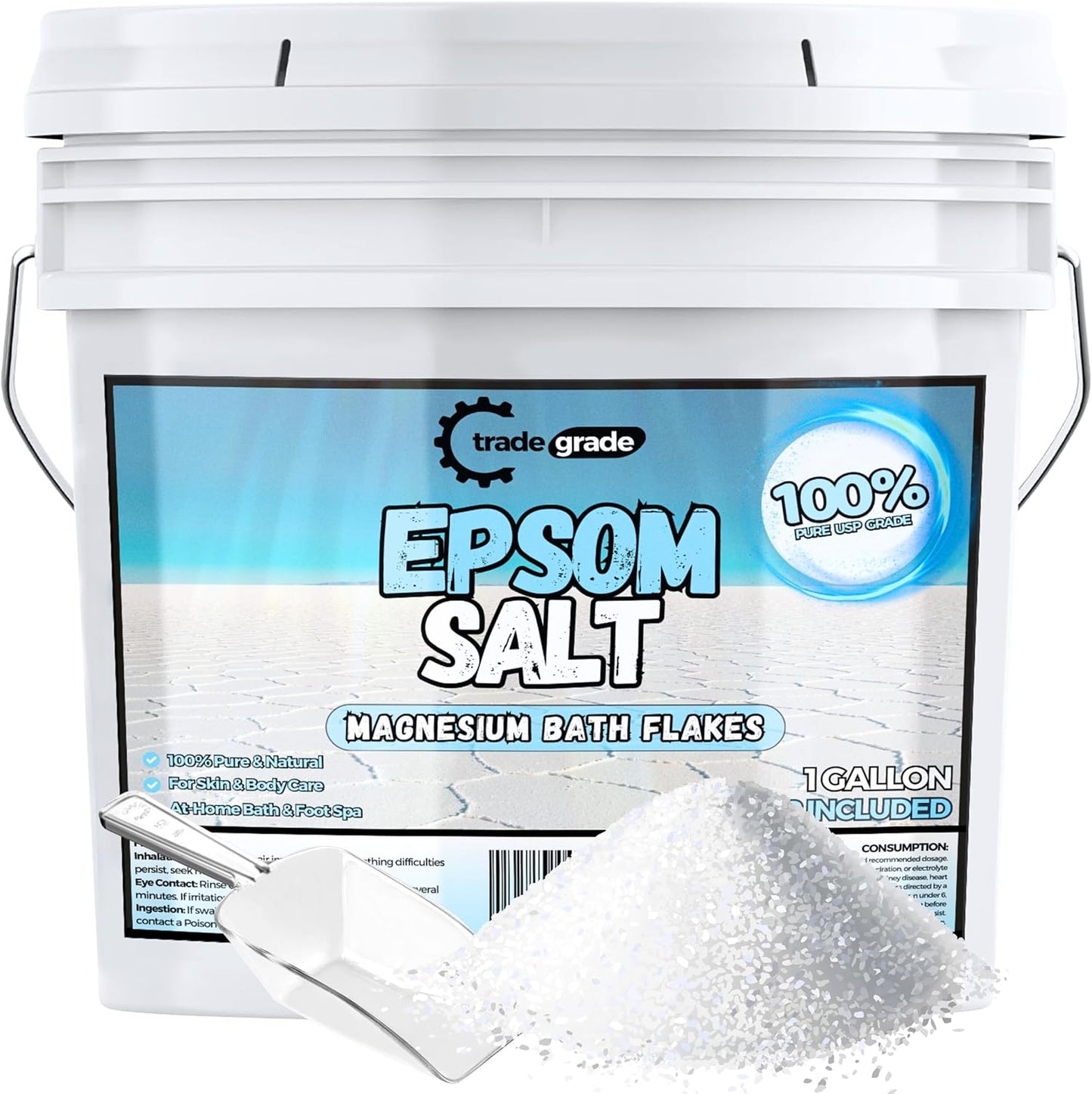 TradeGrade Epsom Salt – Pure Magnesium Sulfate for Soaking & Relaxation – Muscle Recovery, Wellness & Stress Relief – Includes Bucket with Scoop (1 Gallon)