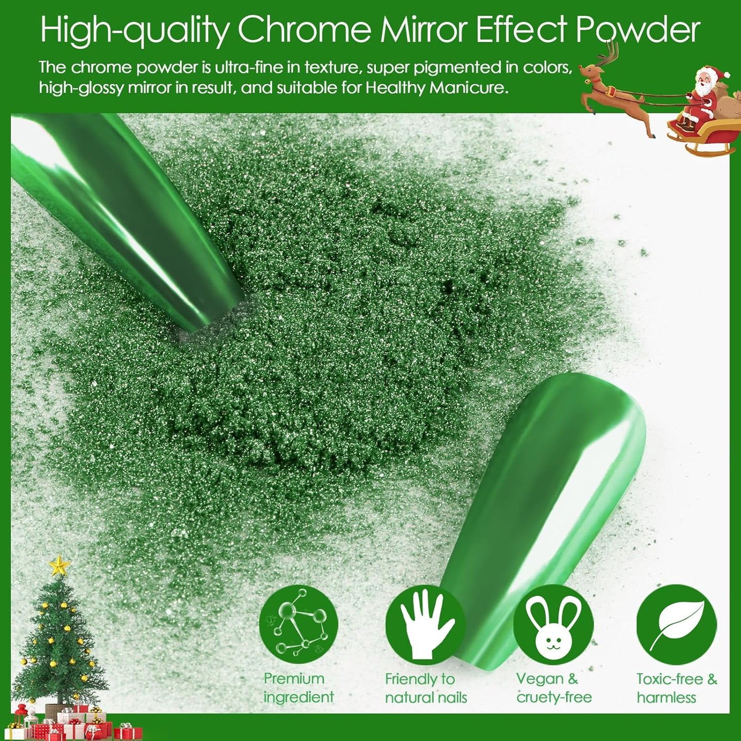Allstarry Chrome Nail Powder - 2 Colors Red & Green Metallic Effect Mirror Glitter Powder Pigment Sparkling Holographic Manicure Magic Glitter Dust Kit for Christmas Nail Decoration