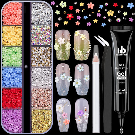 3D Flowers Manicure Gems with Nail Rhinestone Glue Gel, Colorful Acrylic Flower Nail Charms with Caviar Beads, Rhinestones and Gem Glue for Nails (UV/LED Needed) with Pickup & Dotting Tools