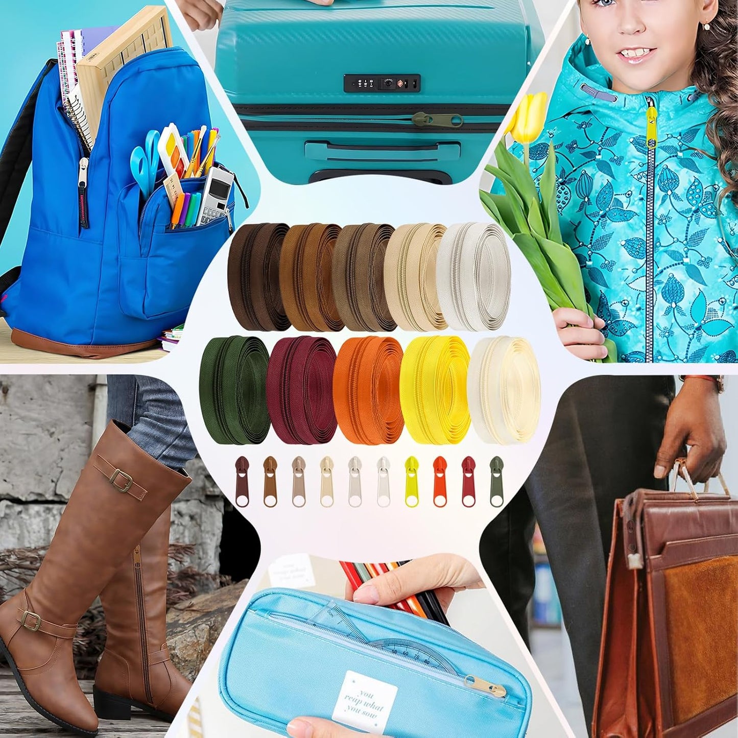 DOITEM 22.2 Yards/ 20 m 10 Pcs Assorted Colors #5 Nylon Coil Zippers, Sewing Zippers Endless Zips with 40 Pieces Zipper Sliders for DIY Sewing Tailor Craft Supplies