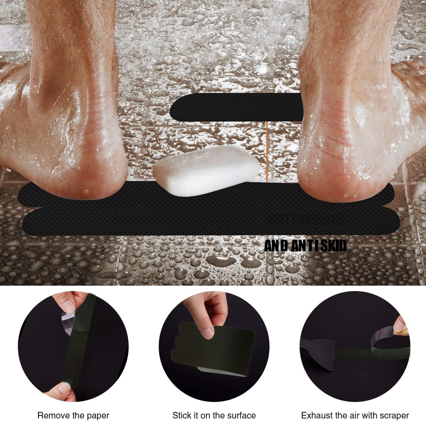 Non-Slip Bathtub Stickers 24 PCS Safety Bathroom Tubs Showers Treads Adhesive Decals Scraper (Black)