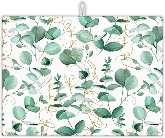 Eucalyptus Leaves Dish Drying Rack Mat for Kitchen Counter,Vintage Boho Dish Drying Pad Absorbent Reversible Microfiber Protector for Coffee Bar Sink Countertops 18x24 Inch