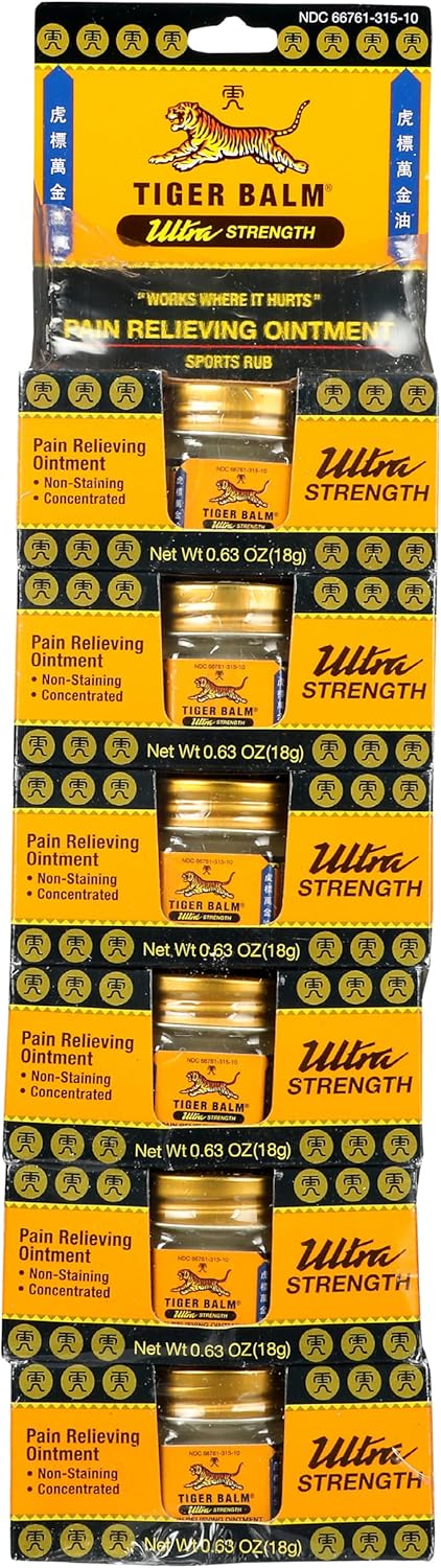Tiger Balm Ultra Strength Rub Balm, Alcohol Free, Cruelty Free, 0.63 Ounce (Pack of 6)