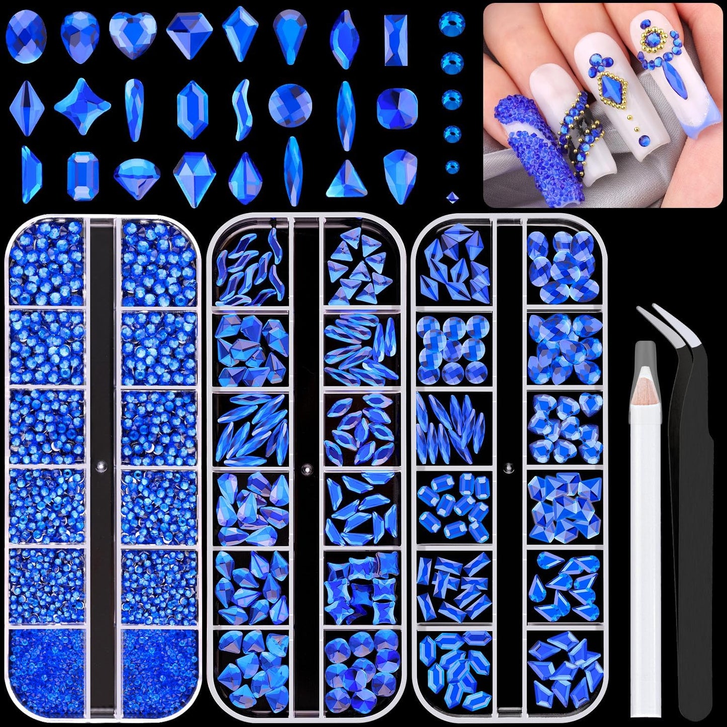 2750Pcs Royal Blue Glass Rhinestones 240Pcs Multi Shapes Flatback Gems + 2510Pcs 1.5-4mm Round Crystal, Manicure Charms Diamond Gemstones for Acrylic Nails Decoration