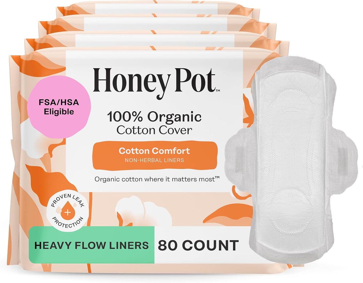 The Honey Pot Company - 80ct - Non-Herbal Heavy Panty Liners for Women w/Wings - Organic Cotton Cover & Ultra-Absorbent Core - Sanitary Pads - Feminine Care