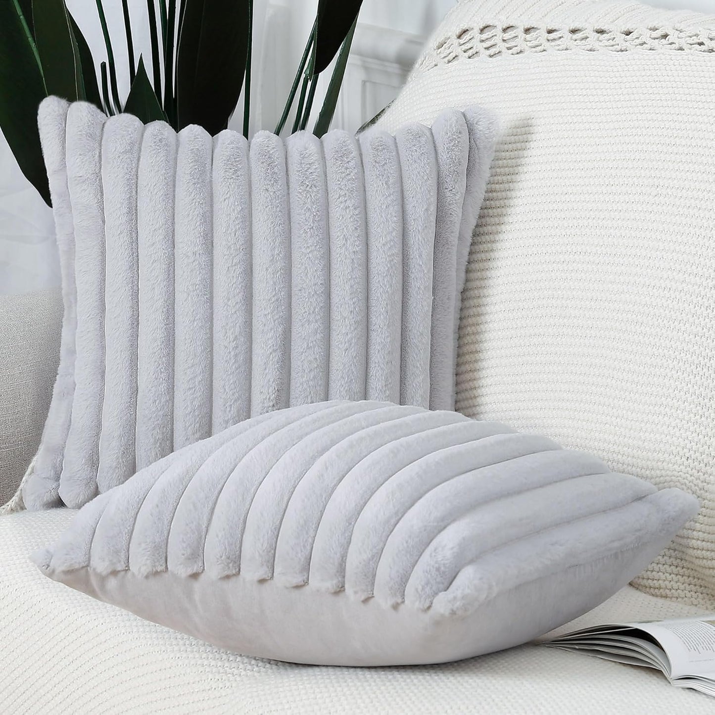 MADIZZ Set of 2 Faux Wool Plush Decorative Throw Pillow Covers 22x22 Inch Light Grey Fluffy Striped Soft Decorative Cushion Cover for Sofa Bedroom Pillow Shell
