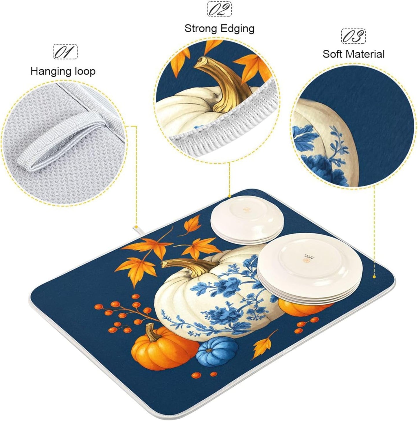 Pumpkin Porcelain Blue White Dish Drying Mat for Kitchen Countertop 18x24 Fall Maple Leaves Thanksgiving Day Large Drying Mat Reusable Quick Dry Dish Sink Mats Easy Clean Autumn Decorative Essentials