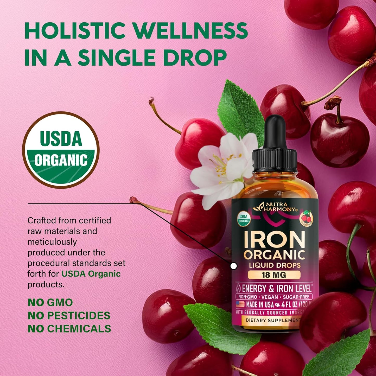 Liquid Iron Supplement for Women 18 mg - USDA Organic Iron Drops - with Folate, Vitamin B12 & B6 - Iron Level & Energy - Gentle & High Absorption Glycinate Form - Cherry Flavor, Sugar-Free - 4 fl oz