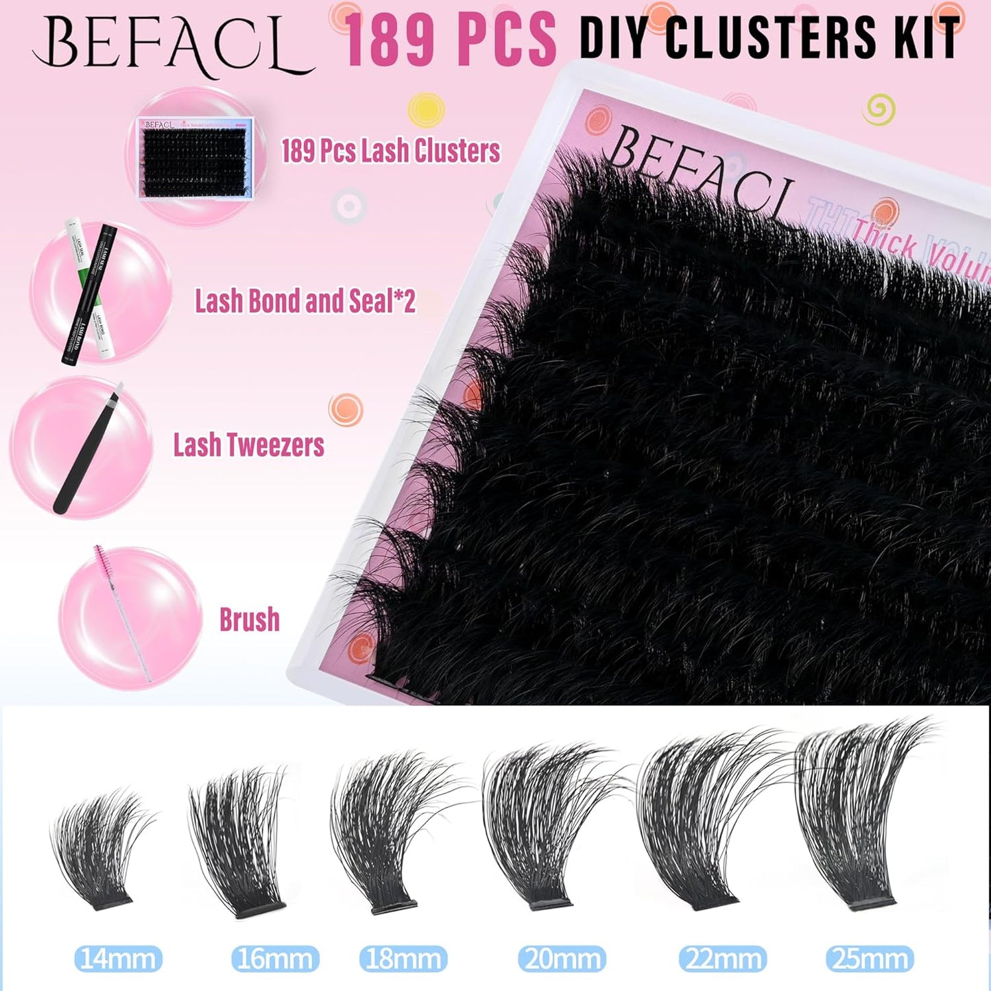 Lash Clusters Kit Fluffy Eyelash Extensions Kit 280D Individual Eyelashes Kit 14-25mm DIY Lashes Extension Kit with Lash Bond and Seal, Lash Applicator, Mega Volume False Eyelashes Kit by BEFACL