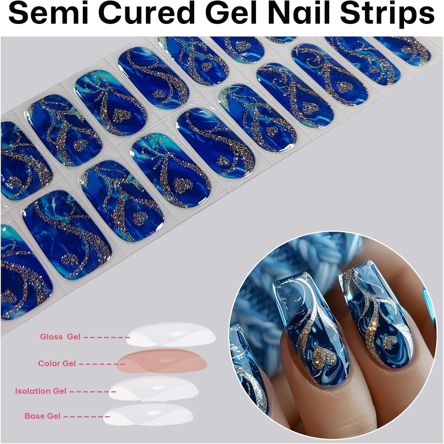 Semi Cured Gel Nail Strips with Gold Heart Designs Blue Gel Nail Strips Glossy Stickers Salon Quality & Easy to Use for Women 20 Pcs