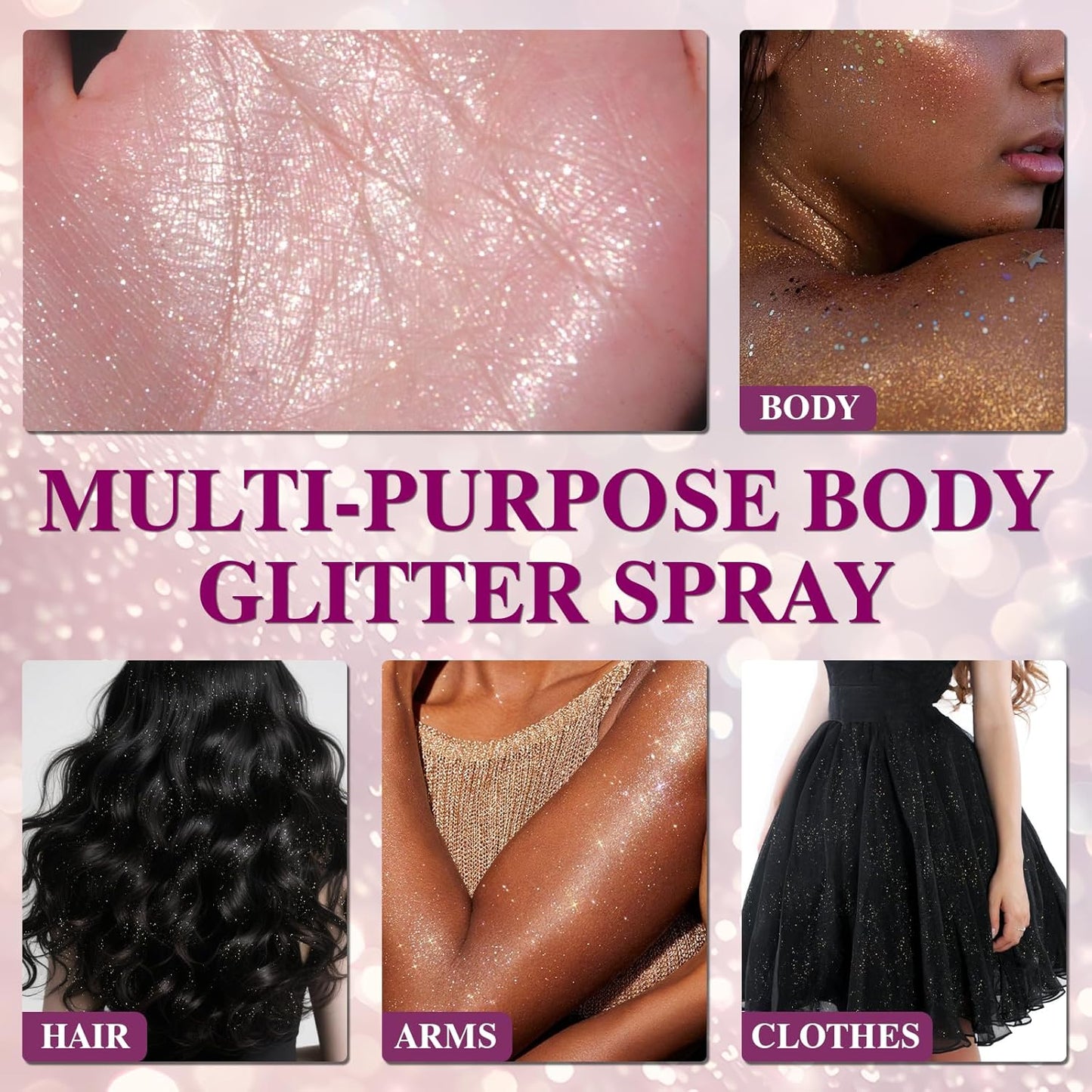 Body Glitter Spray for Hair and Body (2x5.14 Fl Oz), Shiny Glitter Spray for Clothes, Long-Lasting and Quick-Drying Holographic Glitter Hairspray for Kids Women, Stage, Festival Rave and Makeup Prom