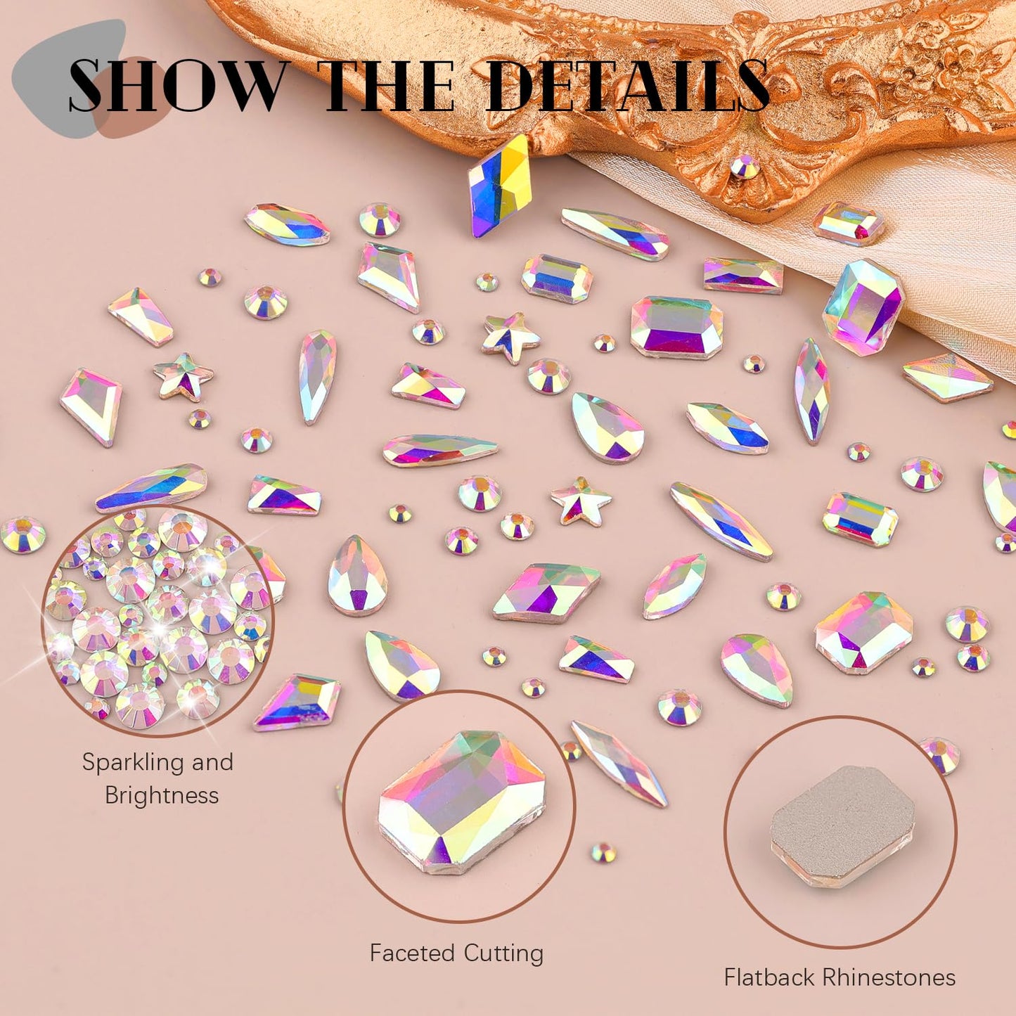 3220Pcs AB Glass Nail Rhinestones 120Pcs Multi Shapes Flatback Gems Crystal + 3100Pcs 1.5-4mm Round Beads, Manicure Diomand Jewelry Gemstones for Nail Design Makeup Acrylic Nails Decoration