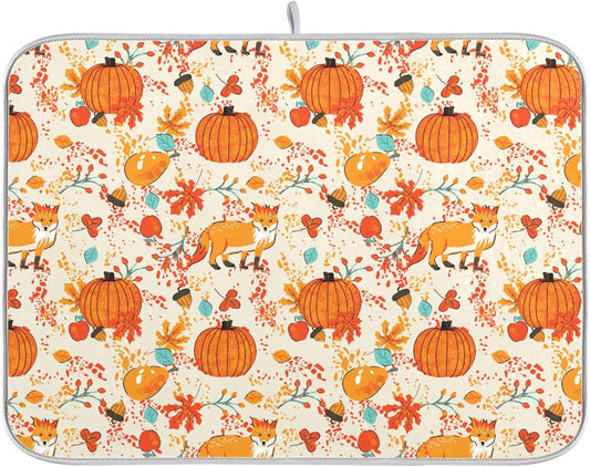 Fall Fox Dish Drying Mat for Kitchen Countertop 18x24 Autumn Chestnuts Pumpkin Berry Thanksgiving Day Large Drying Mat Reusable Quick Dry Dish Sink Mats Easy Clean Decorative Essentials