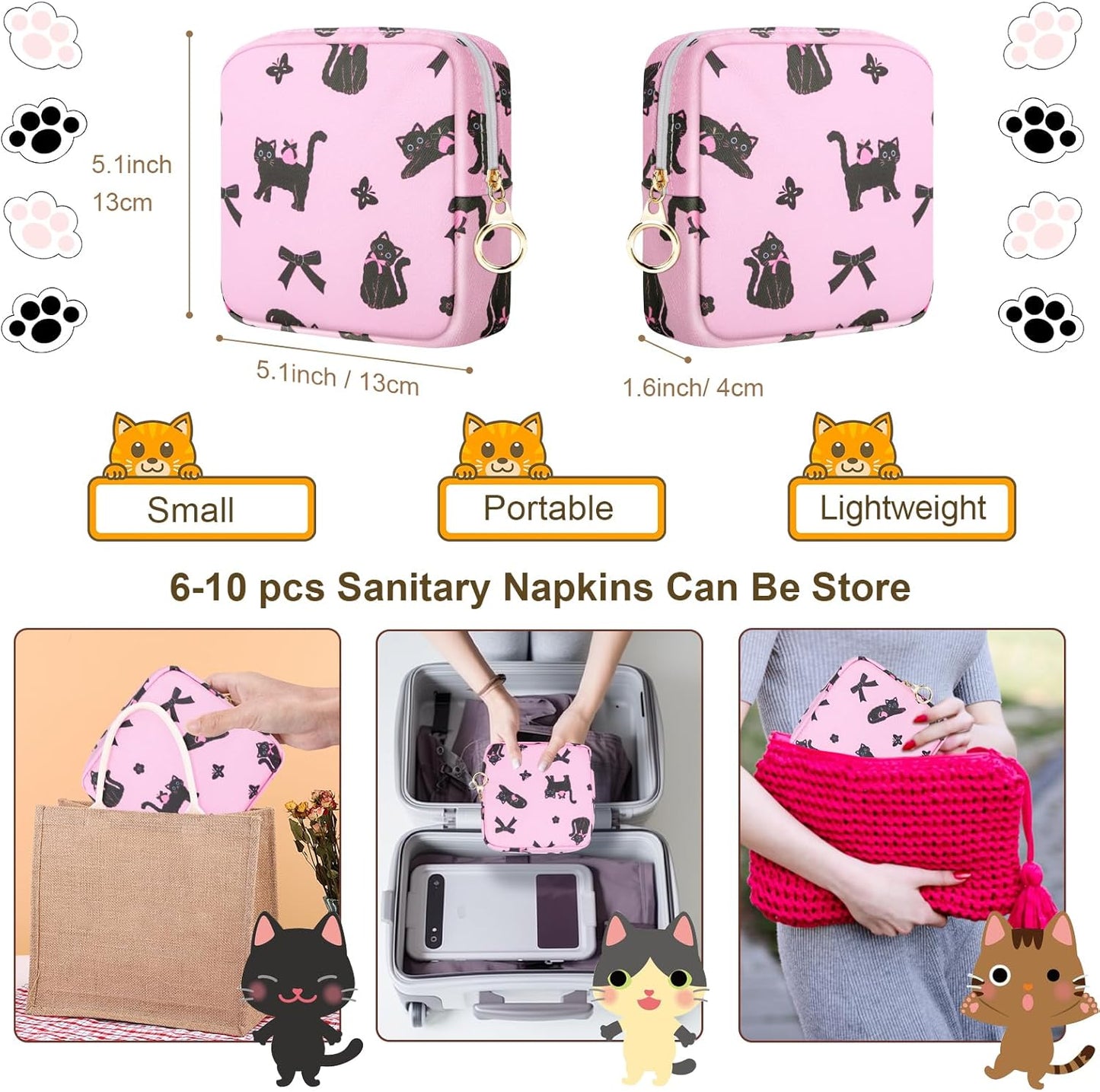 Tampon Holder for Purse, Canvas Period Bag Sanitary Napkin Storage Bag for Girls Womens, Portable Feminine Emergency Pad Period Pouch(Bow-Tie Black Cat)