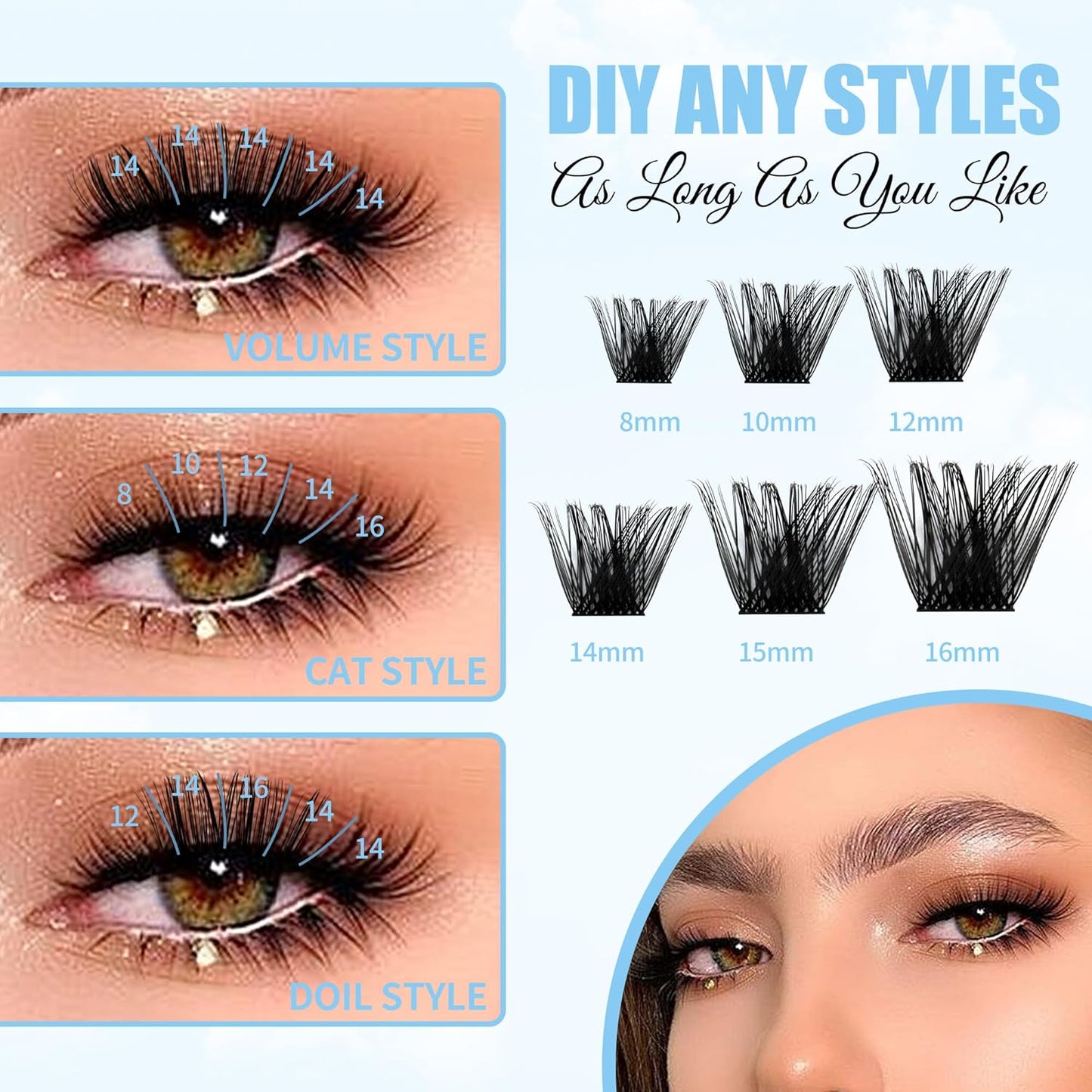 Lash Clusters GEMERRY Cluster Lashes 150 PCS Individual Lashes Two Styles Eyelash Clusters Wide Stem Soft Fluffy Cluster Eyelash Extensions DIY at Home (Sunshine/Rainbow-0.07-D-8-16MIX)