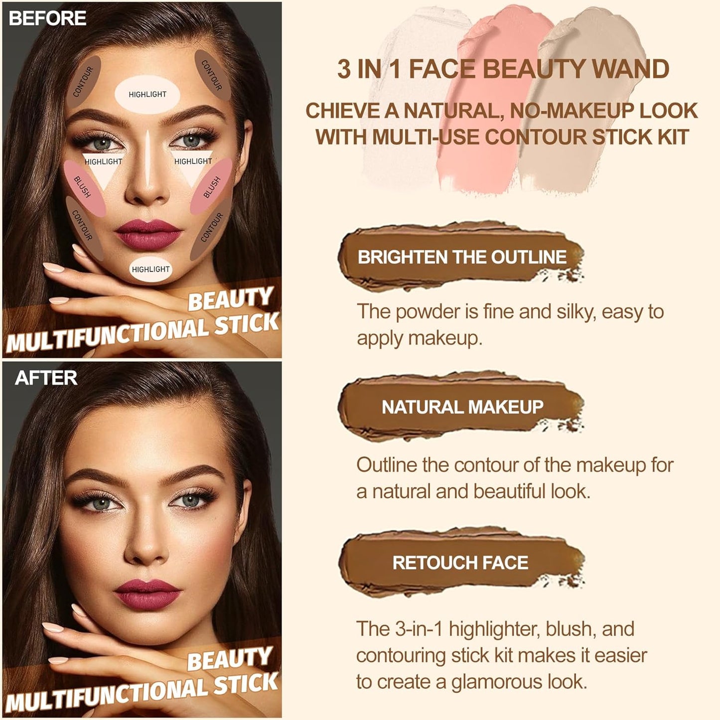 Lezero 3Pcs Contour Stick Makeup Kit, Shades with Highlighter, Blush and Bronzer Stick for Sculpt the Face and All Skin Type, Long Lasting, Smooth, Dewy & Matte Finish, #1 FAIR