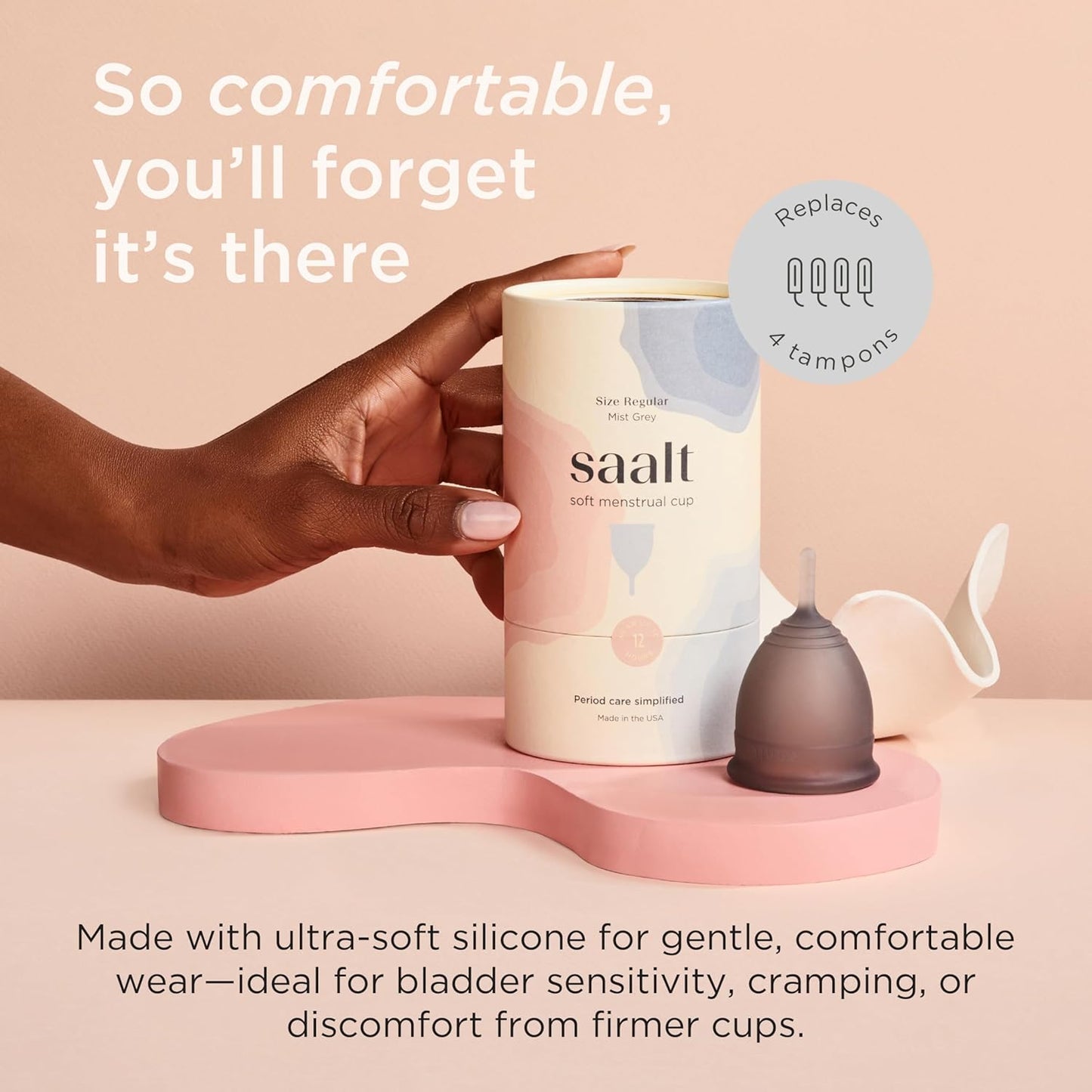Saalt Soft Menstrual Cup – Reusable Period Cup – Made for Comfortable, Leak-Free Protection Up to 12 Hours – BPA & Latex Free – Includes Cup & Carry Bag (Regular, Grey)