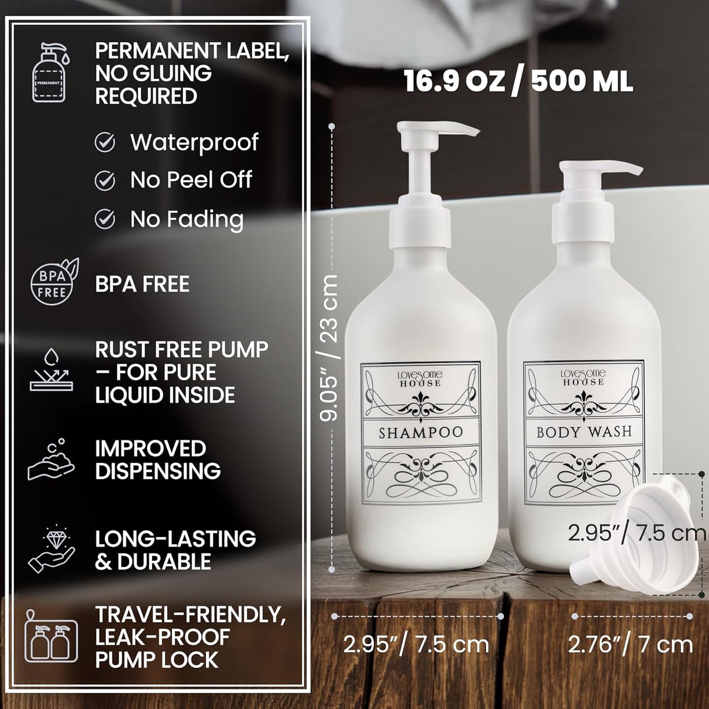 Refillable Shampoo and Conditioner Bottles - Stylish Shampoo and Conditioner Dispenser Bottles Set of 3-16 oz Empty Shower Soap Dispenser - Latest Bathroom Organization Solution