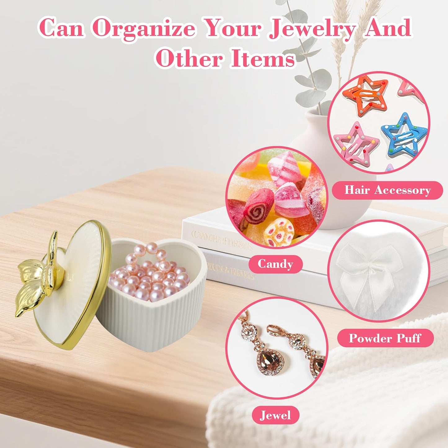 Large Body Powder Puff and Container, Ceramics Dusting Powder Container with 2 PCS Washable Heart Shaped Body Puff, Butterfly Dusting Case for Wet and Dry Makeup (White)