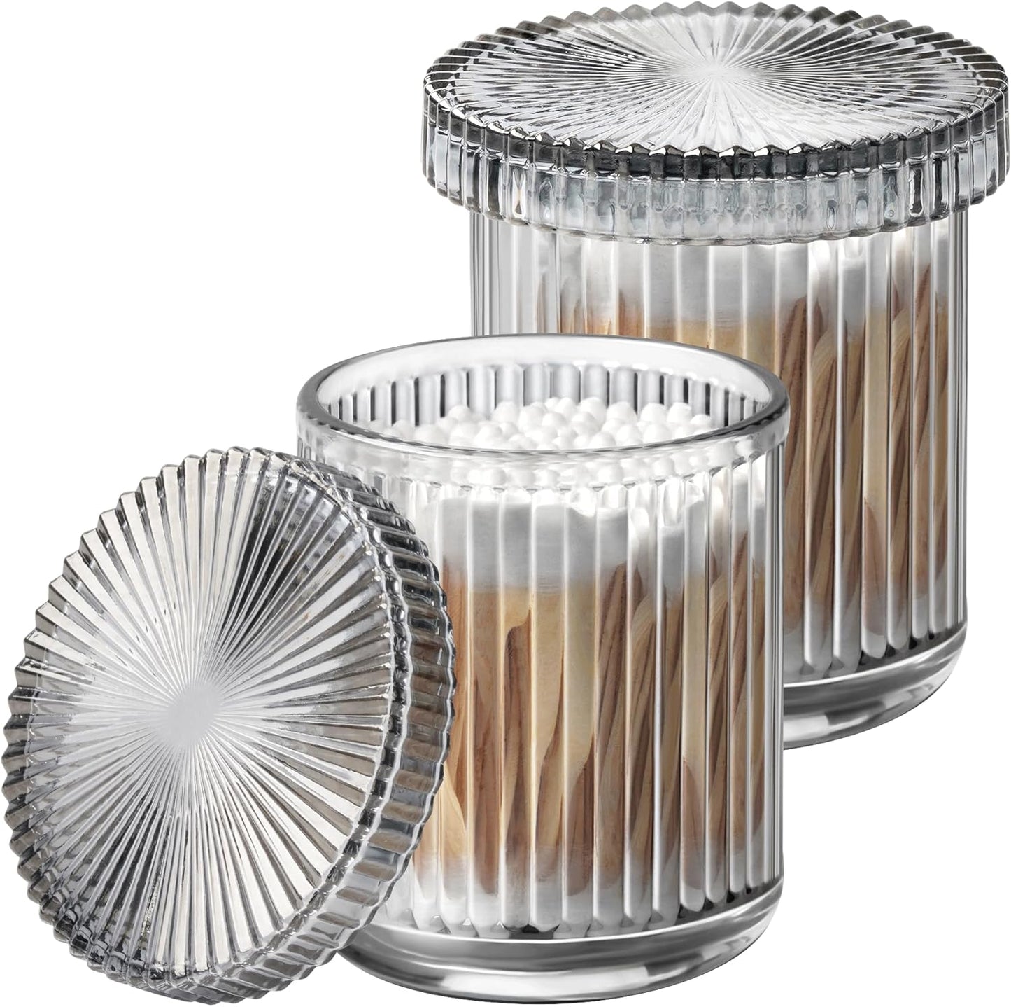 2 Pack Qtip Holder - Apothecary Jars with Lids, Bathroom Organizers and Storage Canister for Cotton Balls,Swabs,Floss Picks,Hair Ties,Clear Glass Vintage Bathroom Decor Jar Set (Gray)