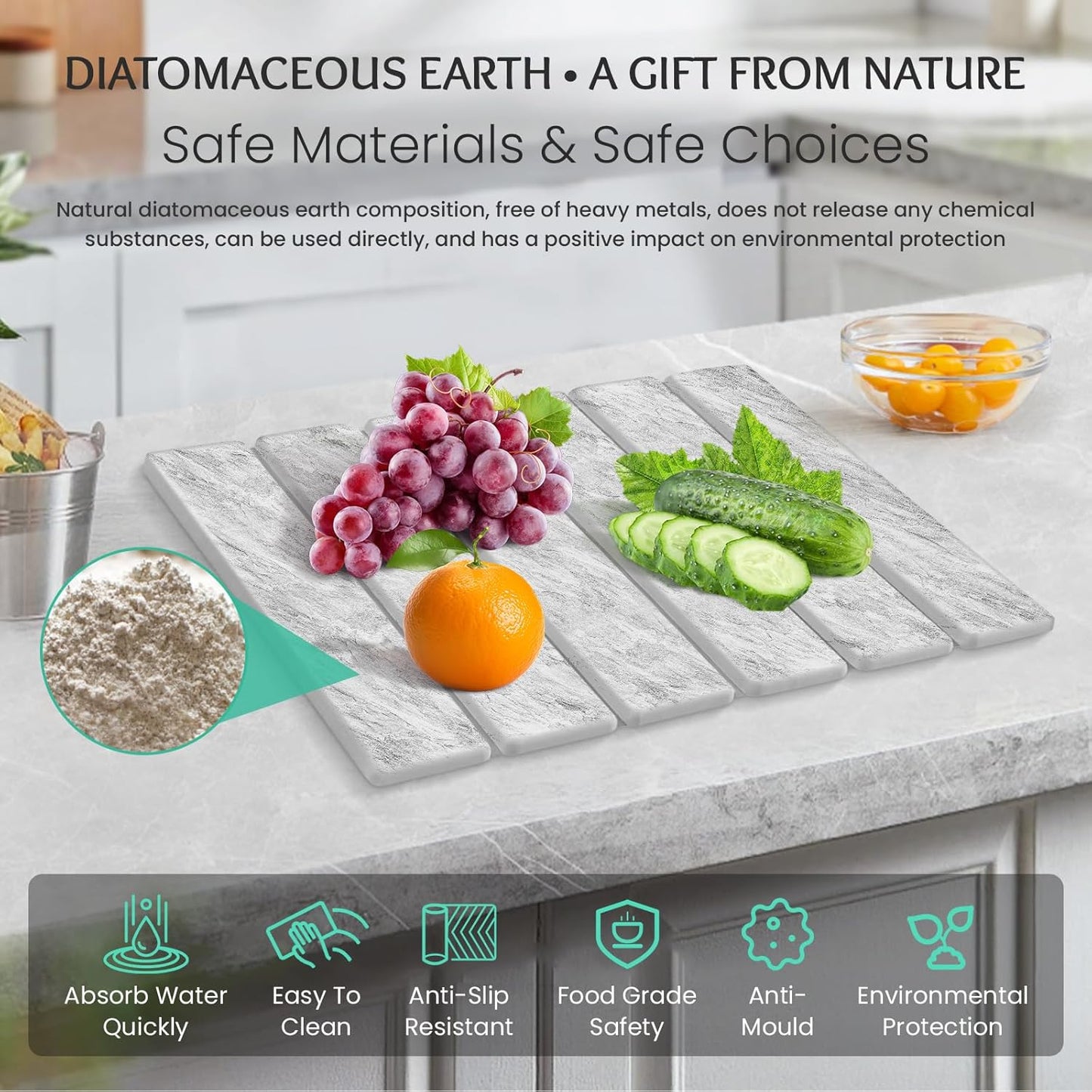 Stone Dish Drying Mat Collapsible Diatomaceous Earth Absorbent Mat Quick Dish Drying Pad Dish Rack Pad Match Any Counter to Multiple Usage for Kitchen,Bathroom