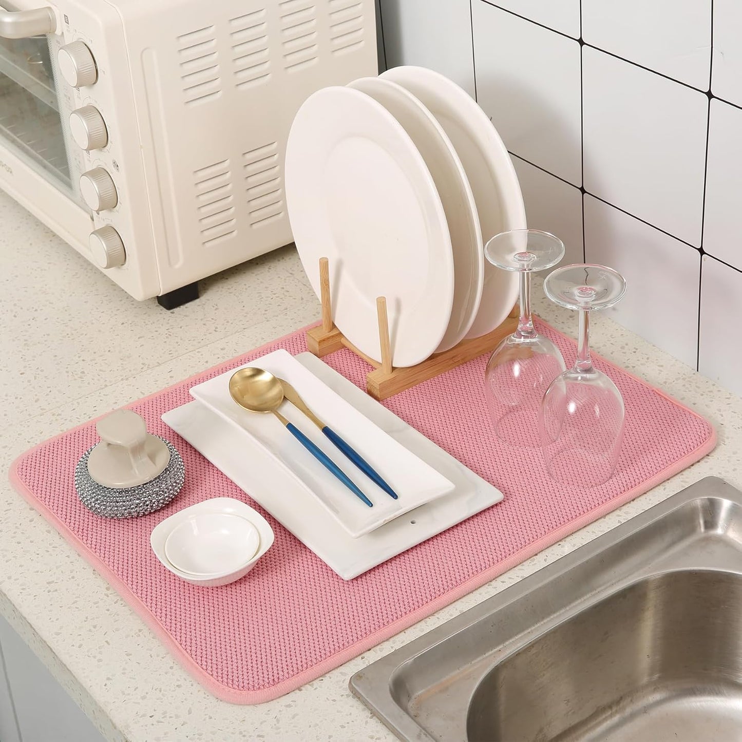 2 Pack Microfiber Dish Drying Mat for Kitchen Counter,Ultra Absorbent Dish Drainer Mat ,Dish Drying Pad , Dish Rack Mat 20×15 Inch (Pink)