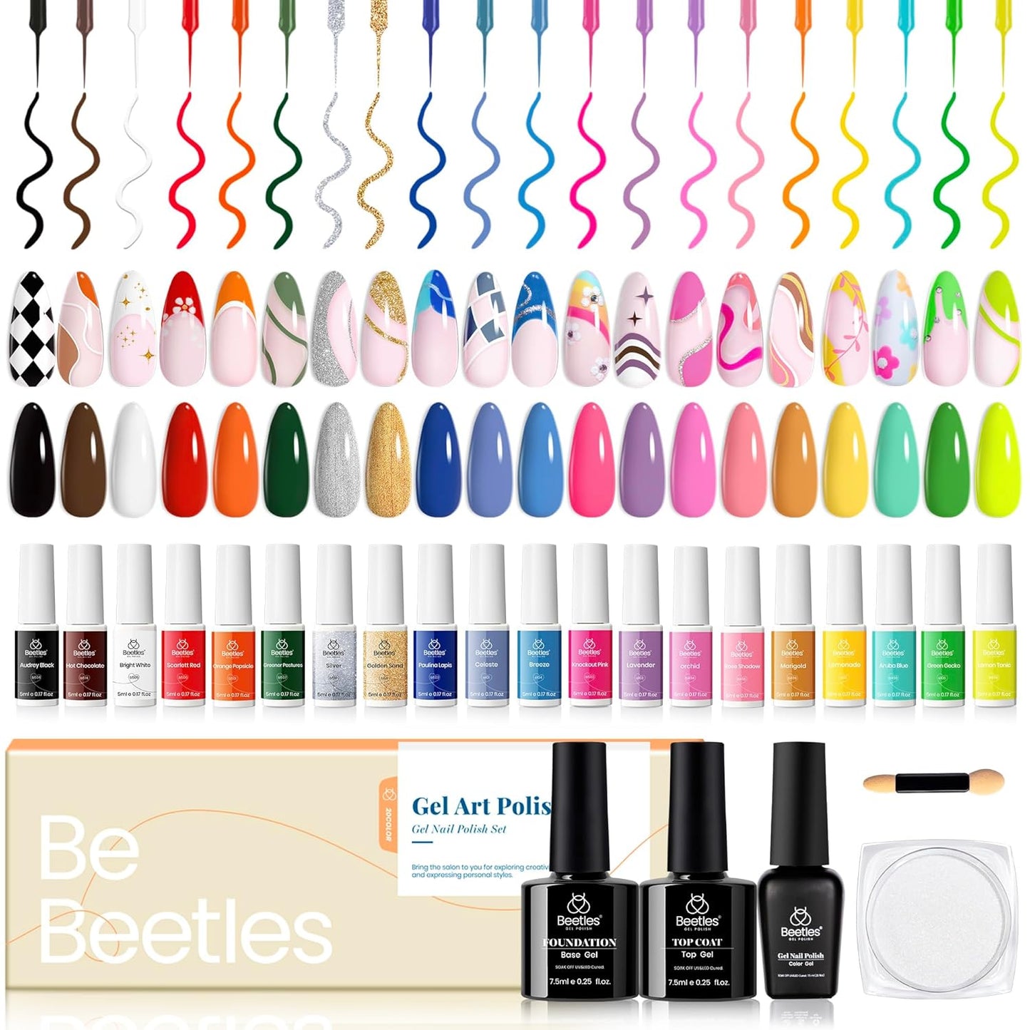 Beetles Gel Liner Nail Art Polish Set Pastel Gel Nail White Gold Red Glitter Neon French Tip Nails Polish Paint Swirl Built Thin Brush in Bottle Soak off Uv Lamp Nails Art Kit Gifts for Women