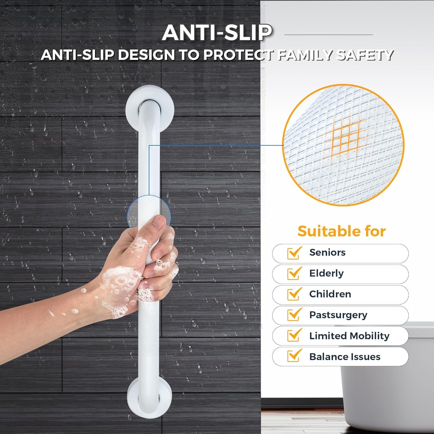 Grab Bars for Shower, 1 Pack 16-Inch Anti Slip Shower Handles for Elderly, Safety Shower Grab Bar, Stainless Steel Handicap Grab Bars for Bathroom (White 1" Diameter)