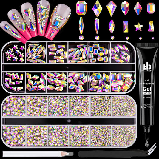 AB Glass Nail Rhinestones & Gems - 3220 Pcs Multi Shapes + 3100 Pcs Round Crystal with Glue Gel for Nail Art