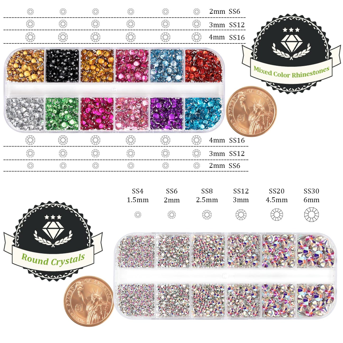 Two Packs of Flatback Rhinestones 4520 Pcs Colorful Nail Art Flatback Crystal Colorful+AB Rhinestone with Picker Pencil and Tweezer for Nail Art and Decoration