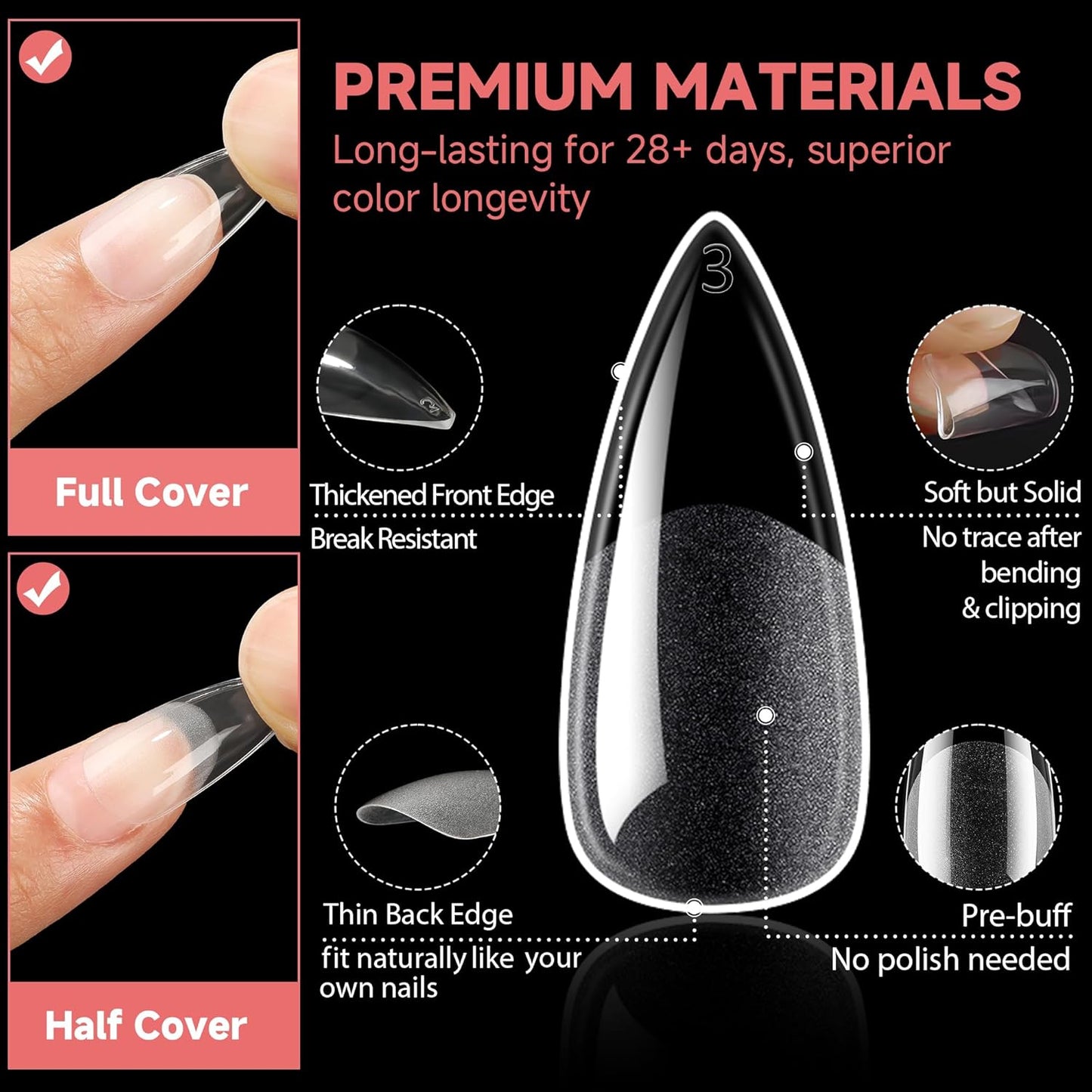 UNA GELLA Stiletto Gel Nail Tips: Full Cover 312Pcs No C Curve Halloween Stiletto Nail Tips Pre-buff Press On Nails Half Matte Almond Gel Tips for Nail Extension DIY Salon 12 Sizes