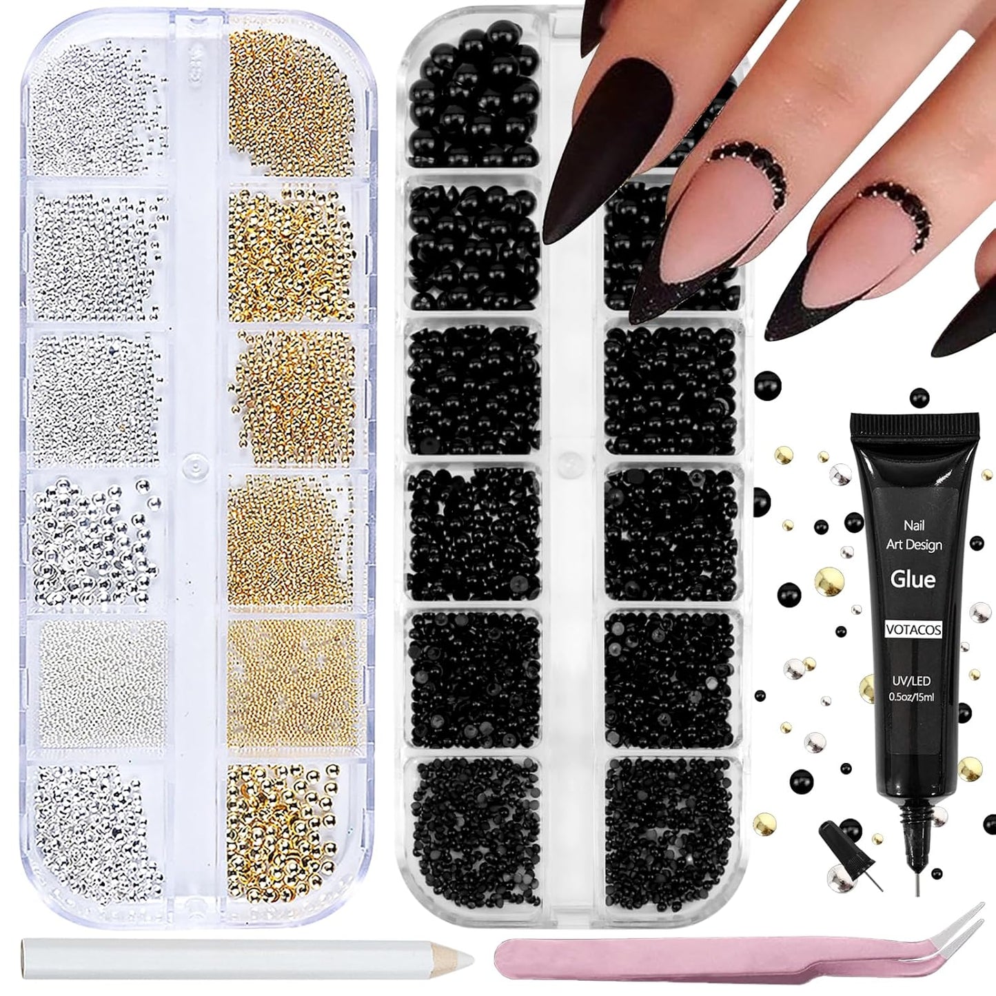 Nail Art Pearls with Rhinestones Glue Gel Flatback Pearls Nail Charms Luxurious Nails Supplies Accessories Gold Silver Gems Jewelry Pearl for Women Nails Design(Black)
