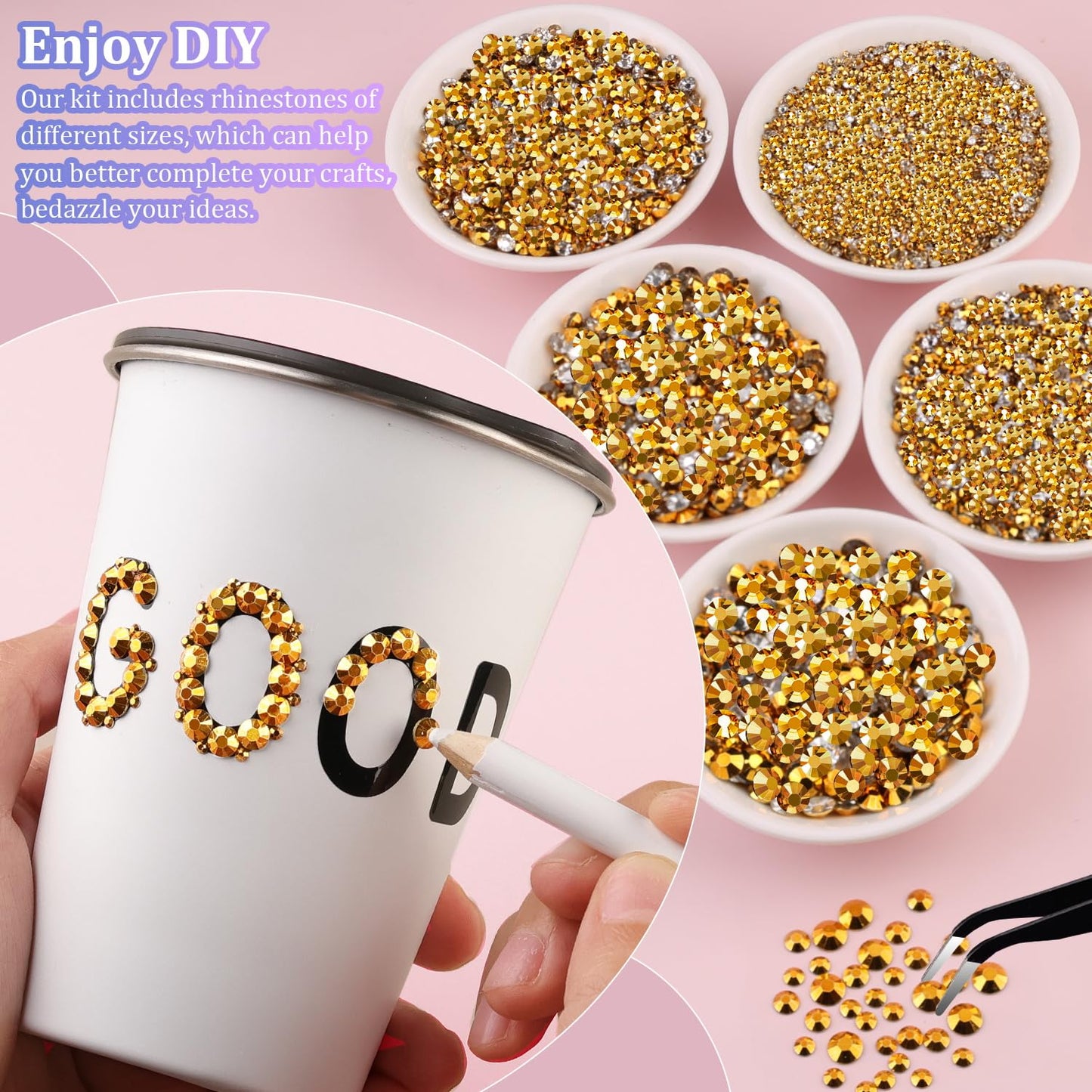 25000Pcs Resin Rhinestones for Crafting, Gold 2-6mm Mixed Sizes Non Hotfix Flatback Gems, Bedazzling Crystal for DIY Crafts Clothing Tumblers Mugs Shoes Fabric Nail Art