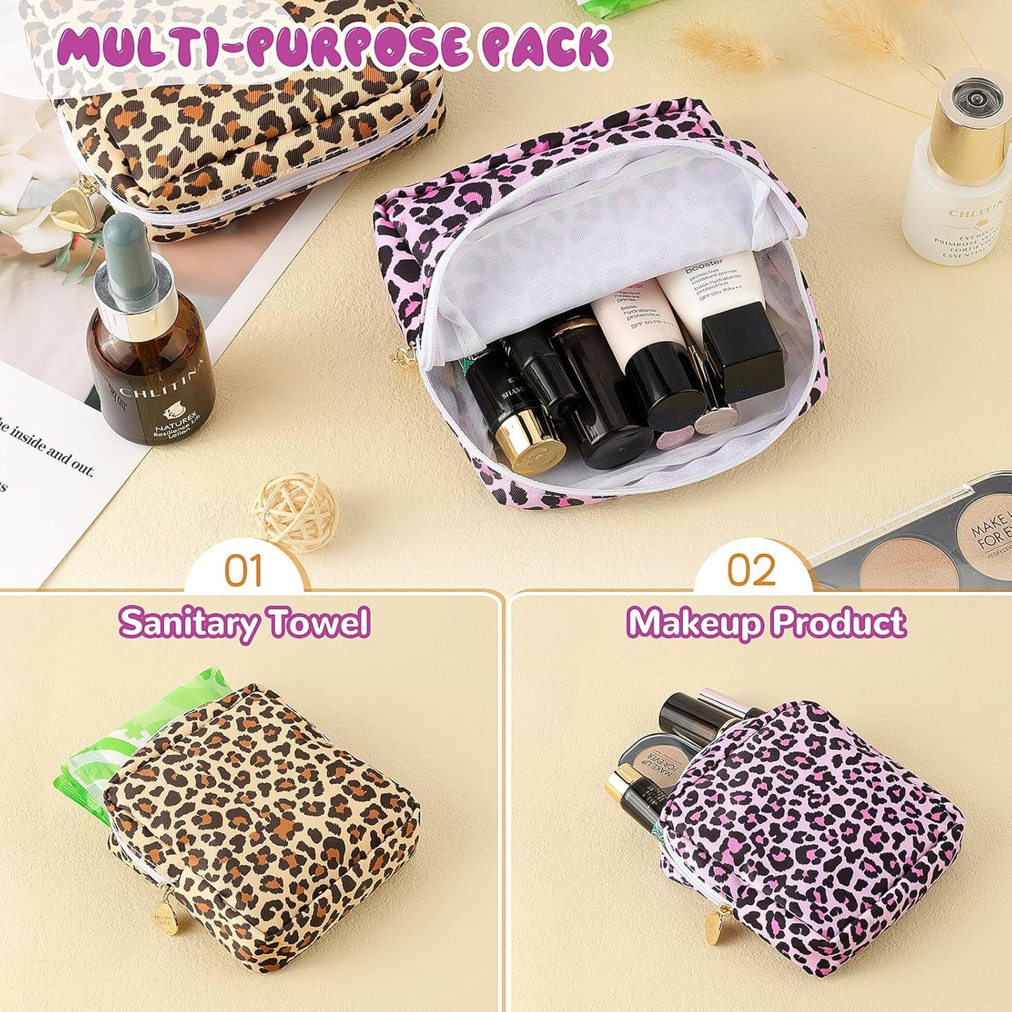 Desing Wish Sanitary Pad Storage Bag Portable Period Bag for Teen Pads/Sanitary Napkins/Small Tampons, Sanitary Napkin Storage Bag First Period Gifts for Teen Girls (Pink Leopard)