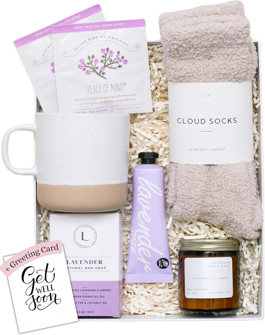 Unboxme Lavender Spa Gift Set - Relaxation Gifts For Women - Get Well Soon Gift Basket with Scented Candle, Bath Bomb, Soap ("Get Well Soon" Greeting Card, Classic Lavender Collection)
