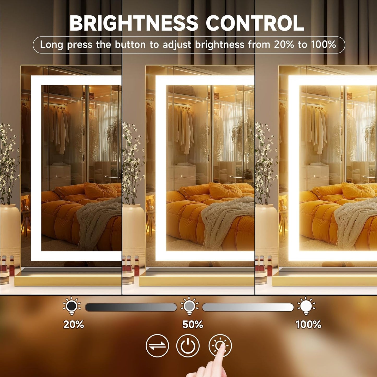 Hasipu Vanity Mirror with Lights, 40" x 30" LED Makeup Mirror, Lighted Makeup Mirror with Dimmable 3 Modes, Touch Screen Control Vanity Mirror Square Gold