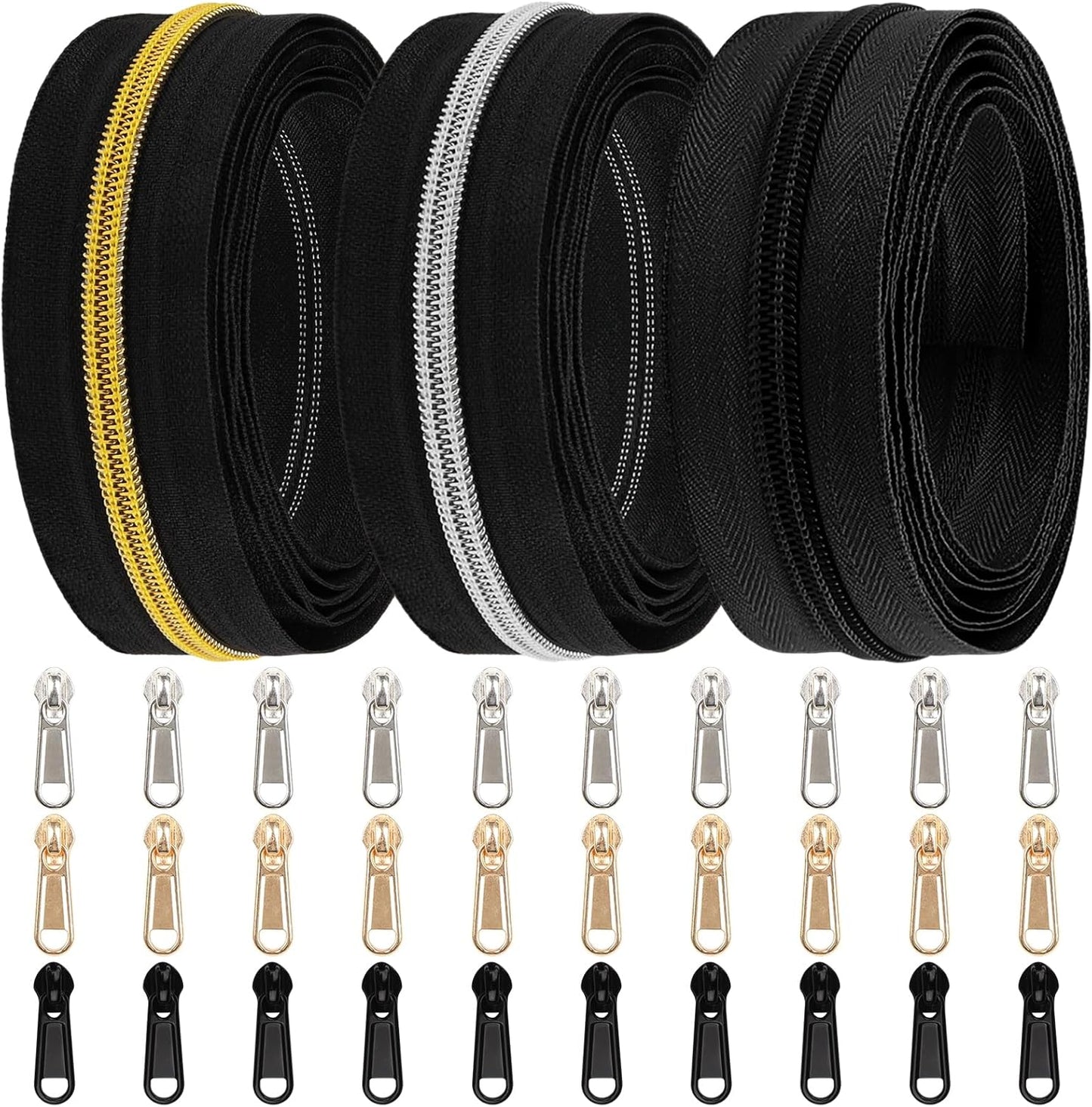 DOITEM 16.5 Yards 3-Piece Assorted Nylon Coil Zippers with 30 Sliders for DIY Tailoring and Crafts, Black