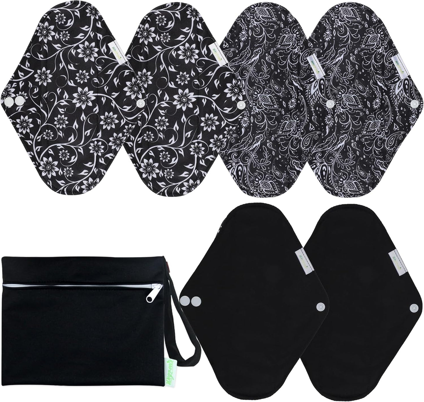 Wegreeco Reusable Menstrual Pads - Soft Cloth Sanitary Pads & Panty Liners - 6 Pack with 1 Cloth Mini Wet Bag (Large, Black Flowers)