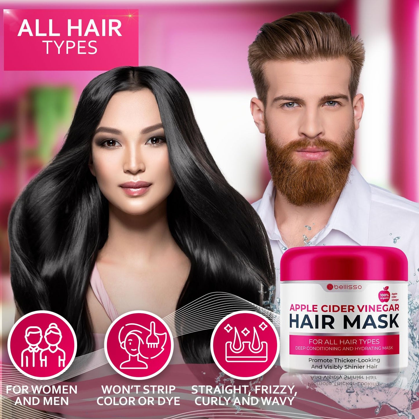 Apple Cider Vinegar Deep Conditioning Mask - Treatment for Dry Damaged Hair and Split End Repair - Sulfate Free Formula with Collagen, Keratin and Argan Oil - For Flaky Scalp and Dandruff Relief