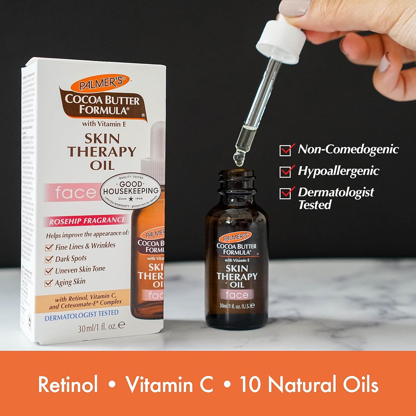 Palmer's Cocoa Butter Formula Moisturizing Skin Therapy Oil for Face with Vitamin E, C & 10 Pure Facial Oils Blend, Rosehip Oil Fragrance, 1 Ounce