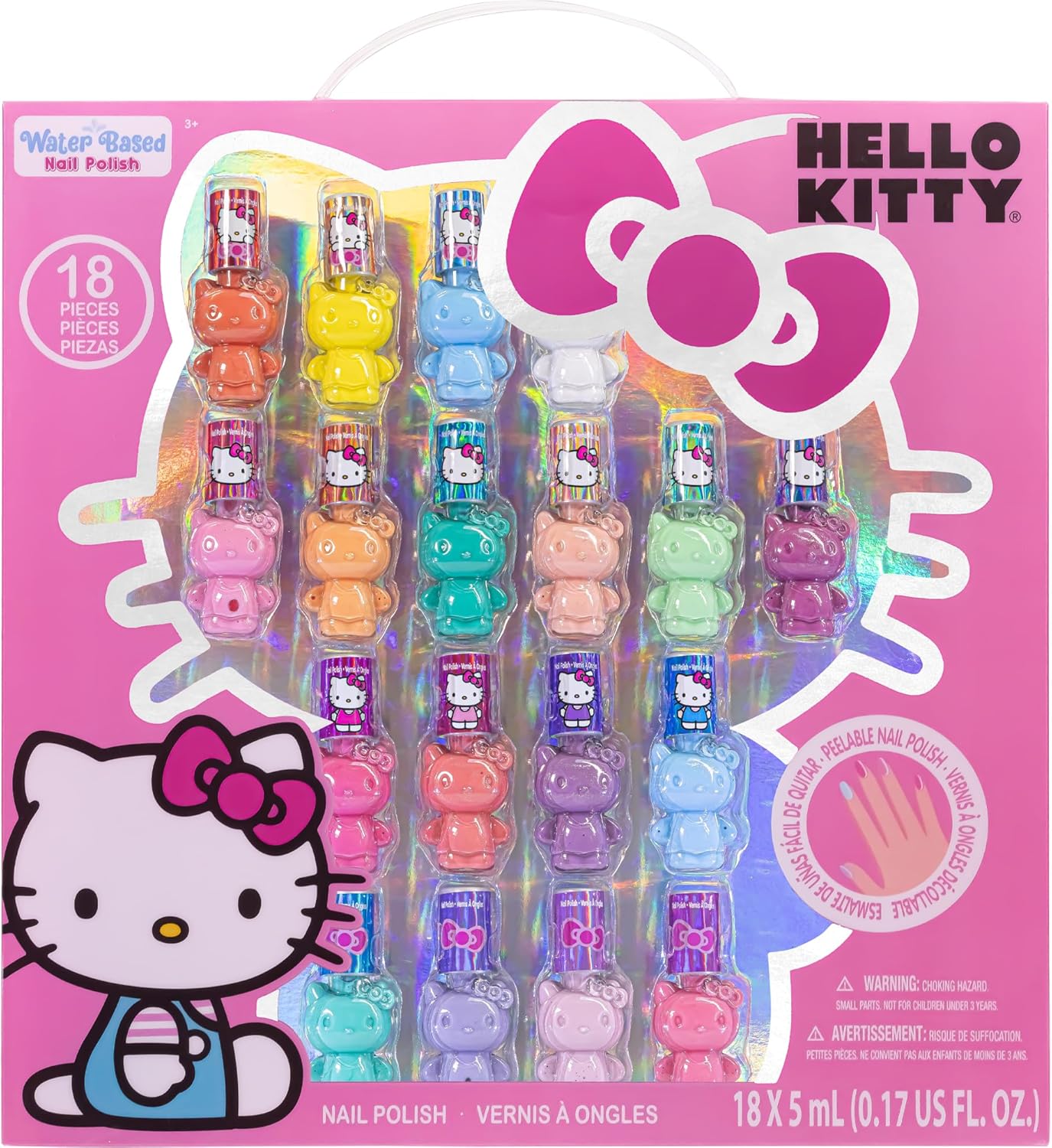 Hello Kitty Non-Toxic Peel-Off Water-Based Safe Quick Dry Nail Polish Set for Girl Kids Ages 3+, Perfect for Birthday Gift Parties, Sleepovers & Makeovers, 18 Pcs
