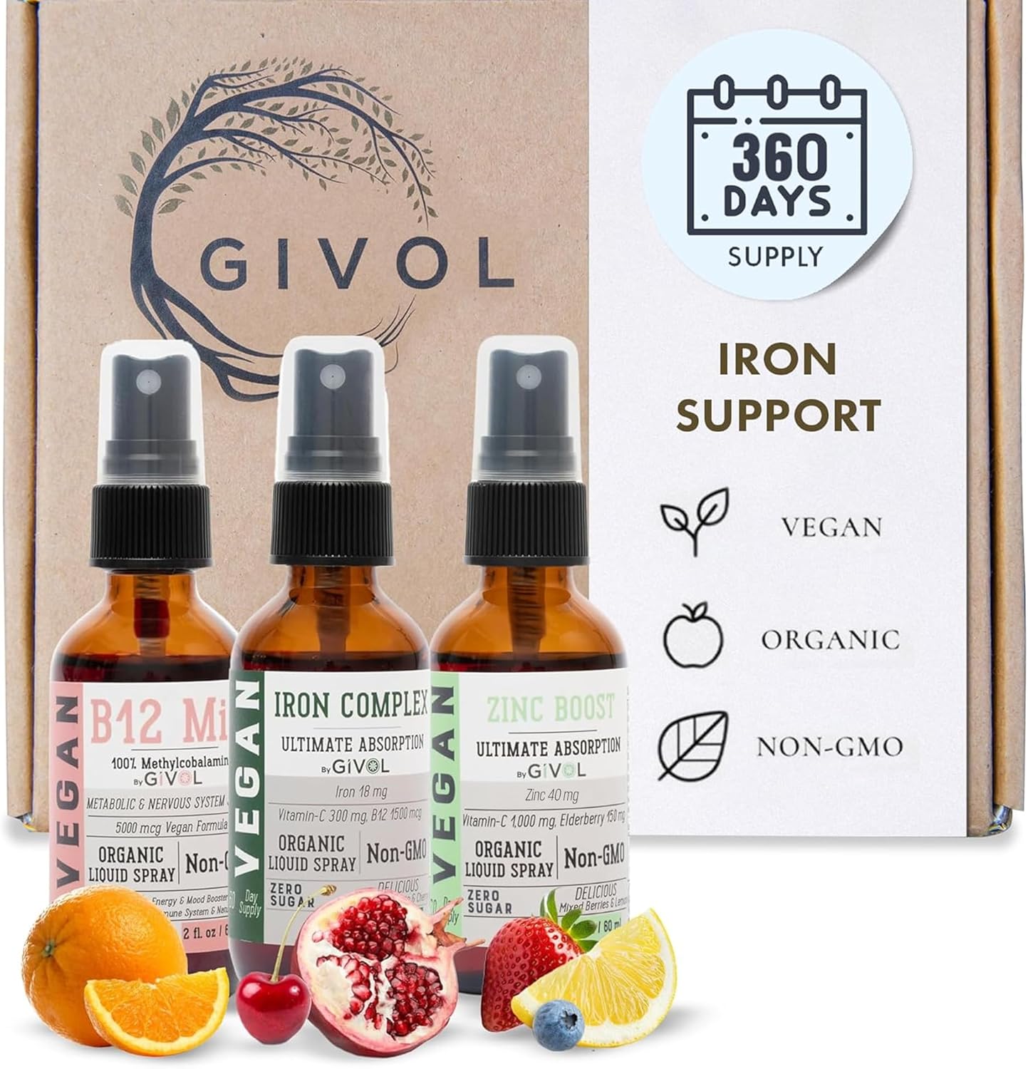 Iron Support Spray Bundle Liquid Vitamin B12 Methylcobalamin, Zinc Picolinate, and Bisglycinate | Non-GMO, Gluten-Free, Sugar-Free Iron Supplement | 2 Fl Oz Each | 360 Days Supply